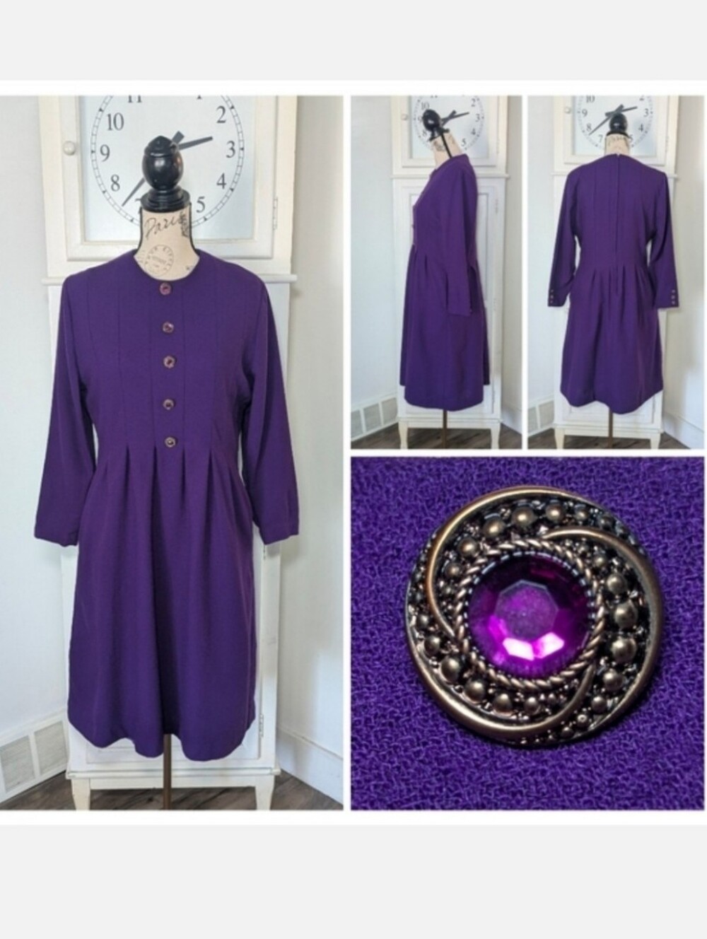 Vintage Purple Wool Dress With Jewel Buttons